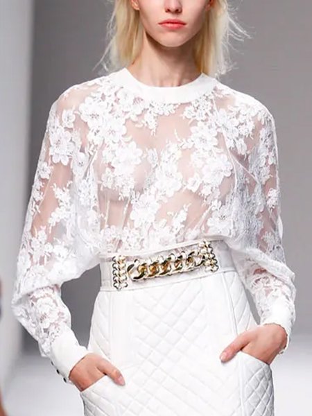 

Elegant Lace Crew Neck Long Sleeve Shirt, White, Blouses and Shirts