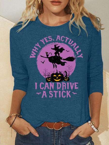 

Women's Why Yes Actually I Can Drive A Stick Halloween Crew Neck Casual Shirt, Blue, Long sleeves