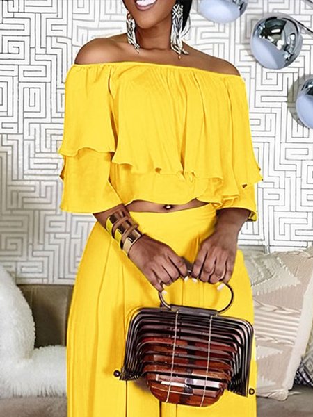

Cold Shoulder Regular Fit Vacation Plain Shirt, Yellow, Blouses and Shirts