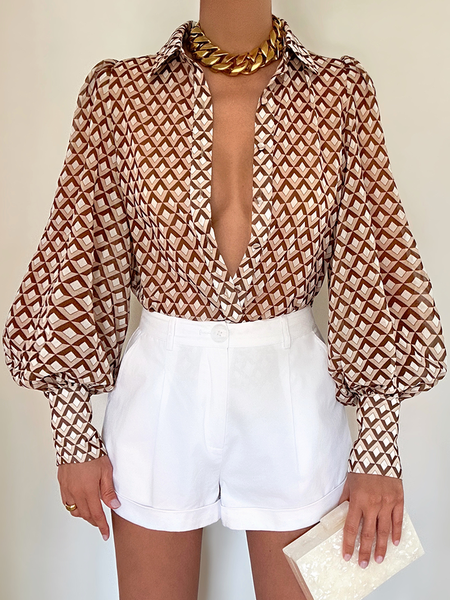 

Loose Lightweight Long Sleeve Shirt Collar Urban Blouse, Brown, Blouses and Shirts