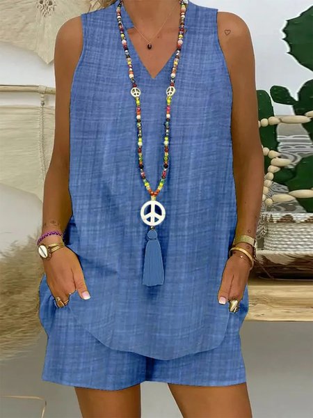 

Casual Cotton Two-Piece Set, Blue, Suit Set