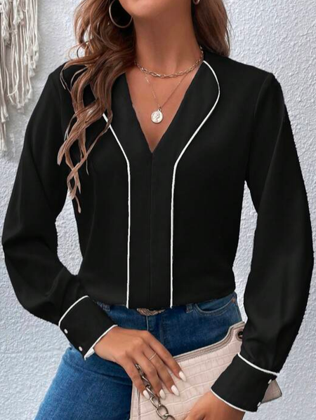 

Casual Color Block V Neck Contrast Binding V Neck Blouse, Black, Shirts & Blouses