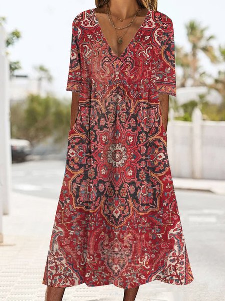 

V Neck Loose Casual Ethnic Dress, Red, Dresses