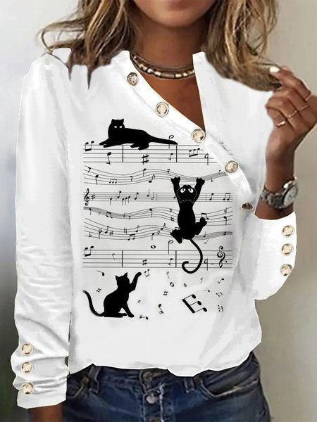 

Fun Musical Cat Design Loose Knit T-Shirt, White, T-Shirts