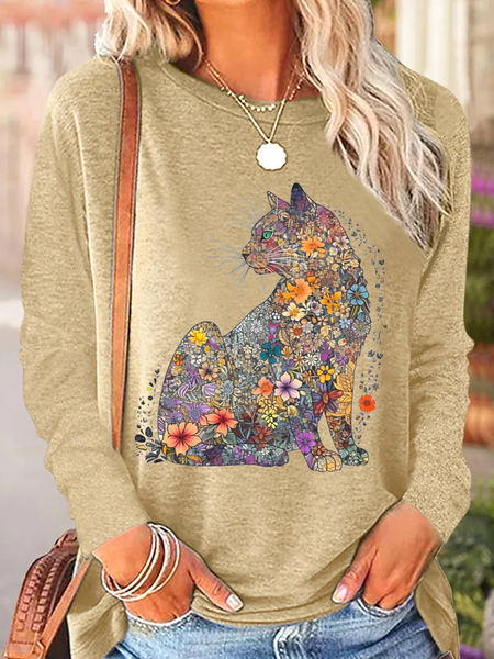 

Women's Floral Cat Casual Crew Neck Shirt, Khaki, Long sleeves