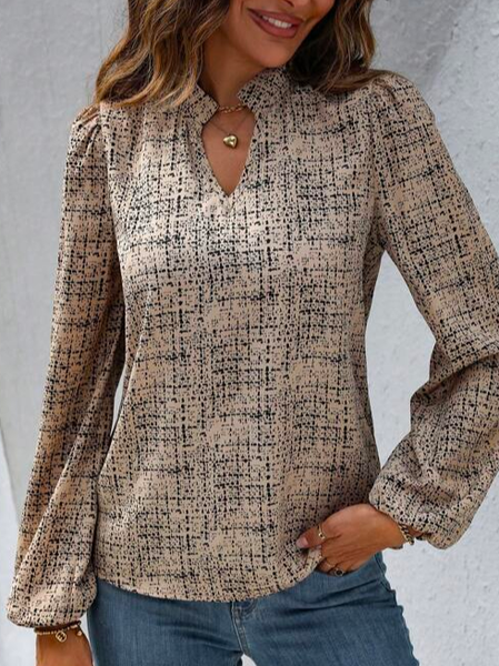 

V Neck Loose Casual Geometric Shirt, Brown, Shirts & Blouses