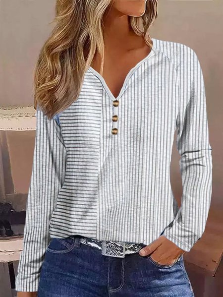 Women Striped V Neck Casual Long Sleeve T-shirt, Stripe, Tops
