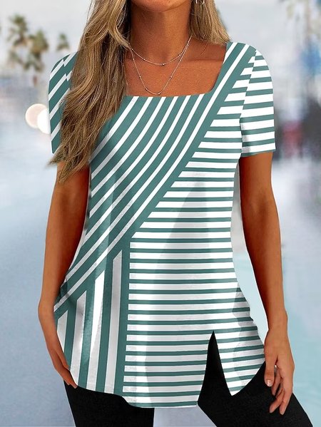 Striped Casual Square Neck Loose T Shirt