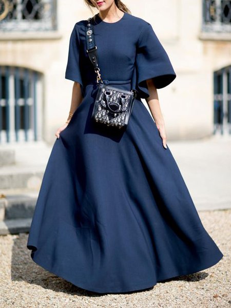 

Urban Crew Neck Regular Fit Dress With Belt, Deep blue, Maxi Dresses