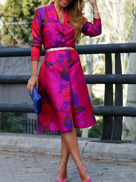 

Regular Fit Lapel Collar Long Sleeve Elegant Floral Midi Dress, Rose red, Midi Dresses
