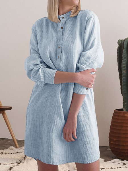 

Casual Cotton And Linen Half Open Collar Dress With No, Blue, Dresses