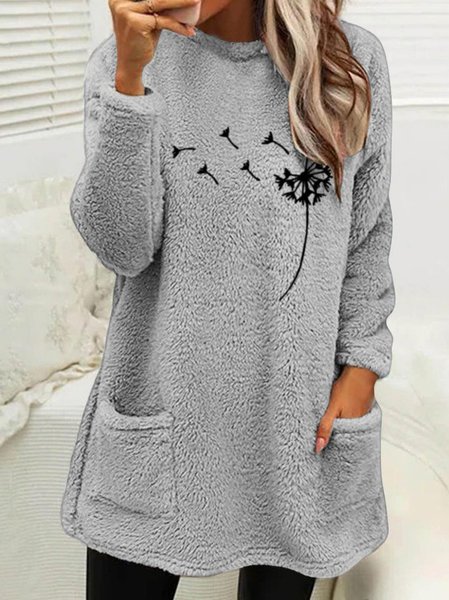

Fluff/Granular Fleece Fabric Dandelion Loose Casual Dress, Gray, Dresses