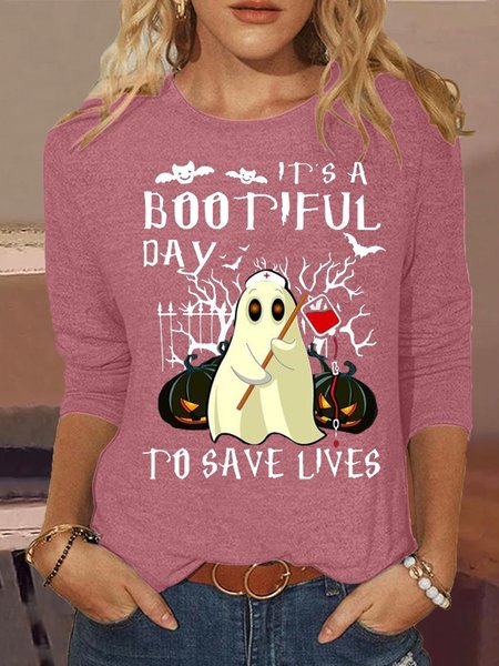 

Women's Boo nurse It’s a Bootiful day to save lives Halloween Letters Casual Shirt, Pink, Long sleeves