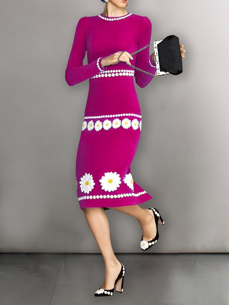 

Floral Long Sleeve Tight Elegant Midi Dress With No Belt, Deep pink, Midi Dresses