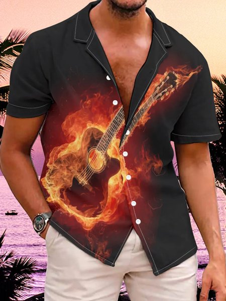 

Men's Flame Guitar Shirt Casual Vacation Hawaiian Clothing, As picture, Shirts ＆ Blouse