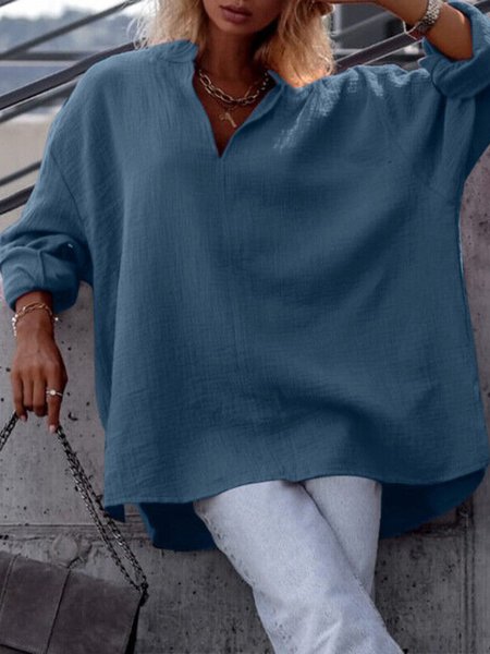 

Casual V Neck Loose Cotton And Linen Shirt, Blue, Shirts & Blouses