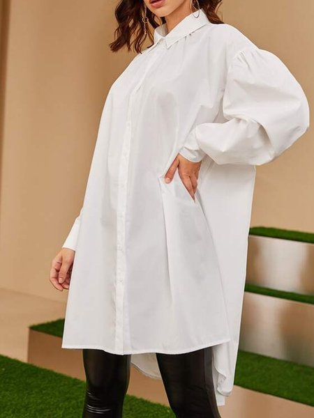 Shawl Collar Plain Urban Blouse, White, Blouses and Shirts