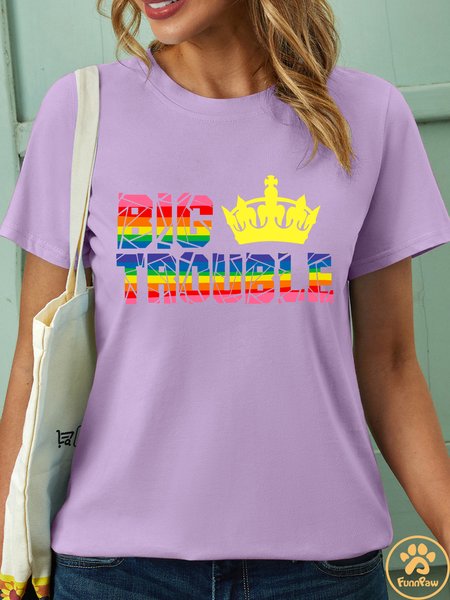 

Women’s Big Trouble Crew Neck Casual Human Matching Dog T-Shirt, Purple, T-shirts