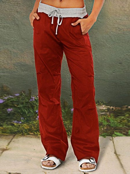 

Casual Loose Linen Two Tone Pocket Detail Drawstring Flare Pants, Red, Pants