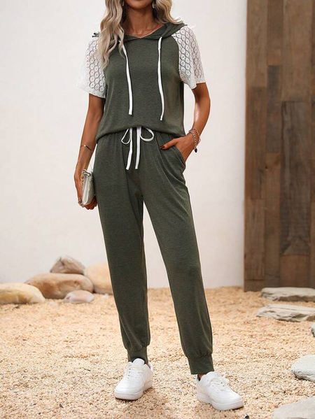 

Casual Lace Hoodie Two-Piece Set, Green, Suit Set