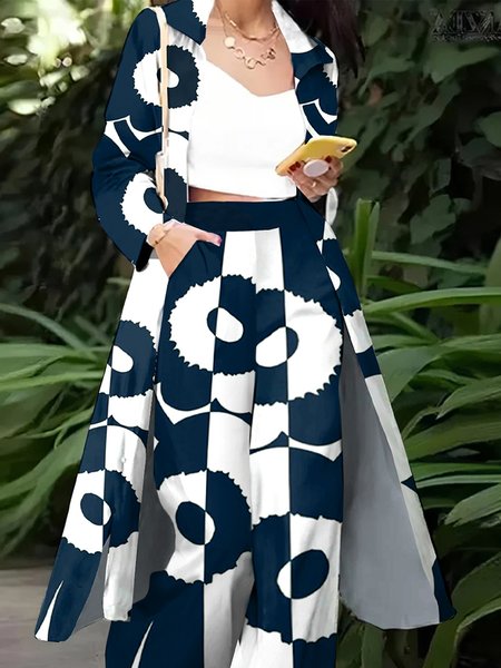 

Random Print Shirt Collar Casual Kimono, White-blue, Kimonos
