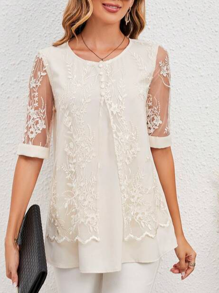 

Lace Elegant Crew Neck Contrast Mesh Embroidery Blouse, Apricot, Shirts & Blouses