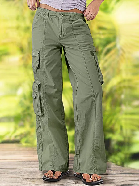 

Plain Linen Casual Loose Flap Pocket Straight Leg Cargo Pants, Green, Pants