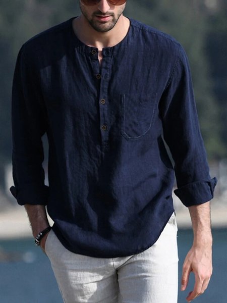 

Half Open Collar Loose Casual Cotton And Linen Shirt, Deep blue, Shirts ＆ Blouse