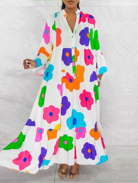 

Vacation Floral Print Loose V Neck Dress, White, Maxi Dresses