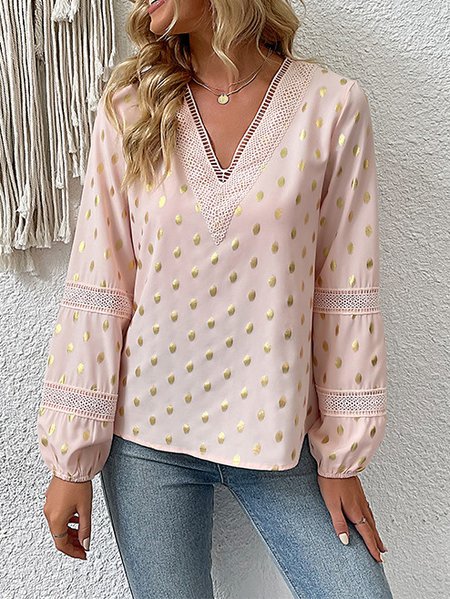 

Women's Lace Panel Polka Dot V-Neck Blouse Long Sleeve T-Shirt Daily Casual Clothing, Pink, Shirts & Blouses