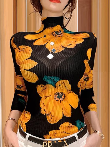 

Floral Turtleneck Urban Tight Long Sleeve T-Shirt, Yellow, Tees