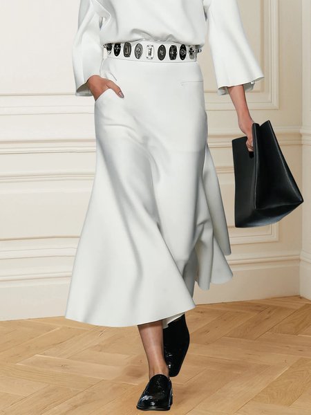 

Plain Urban Pocket Stitching Loose Skirt With No Belt, White, Skirts
