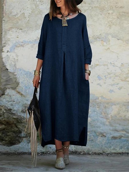 

Crew Neck Plain Cotton And Linen Casual Dress With No, Blue, Dresses