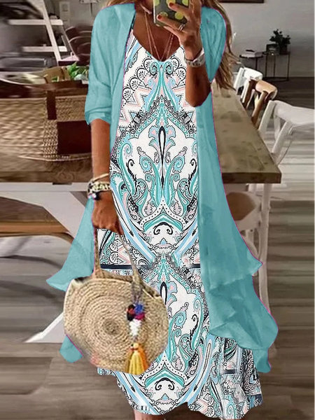 

Casual Ethnic V Neck Two-Piece Set, Light blue, Suit Set