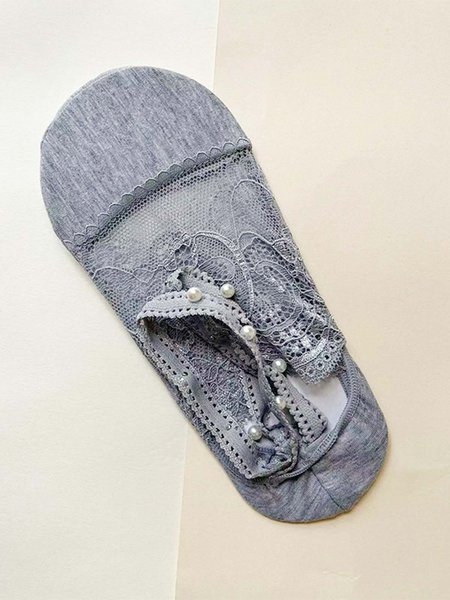 Faux Pearl Decor Lace Ankle Socks, Gray, Socks
