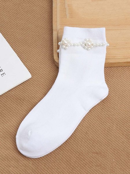 

Floral Imitation Pearls Over the Calf Socks, White, Socks