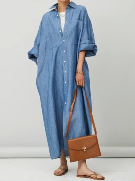 

Plain Casual Pocket Stitching Shirt Collar Faux Denim Dress, Blue, Maxi Dresses