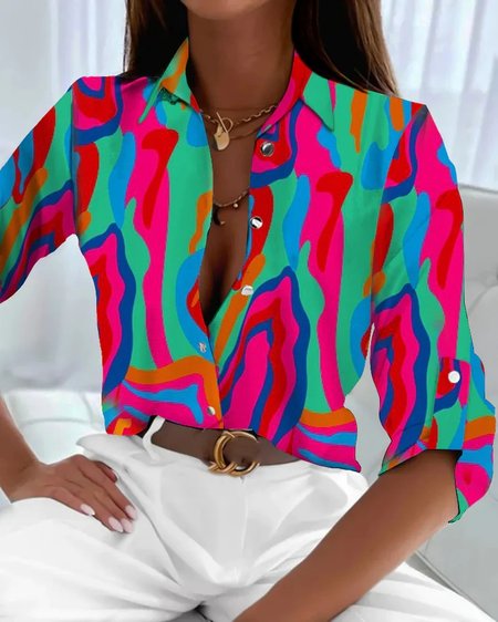 Shirt Collar Loose Casual Blouse, Rose red, Shirts & Blouses