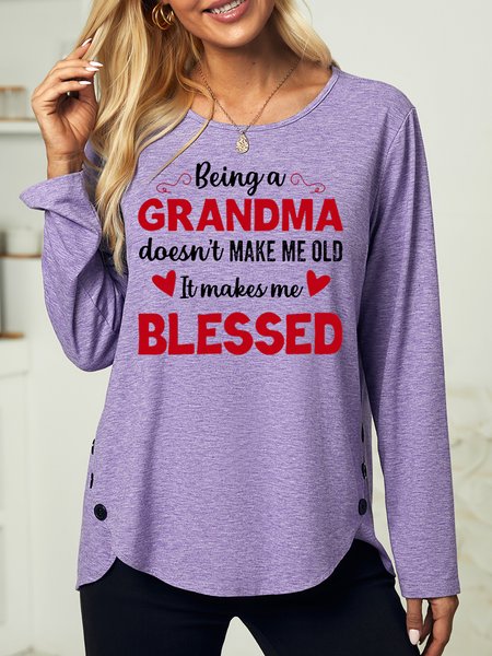 

Women's Being A Grandma Letter Print Crew Neck Casual Loose Shirt, Purple, Long sleeves