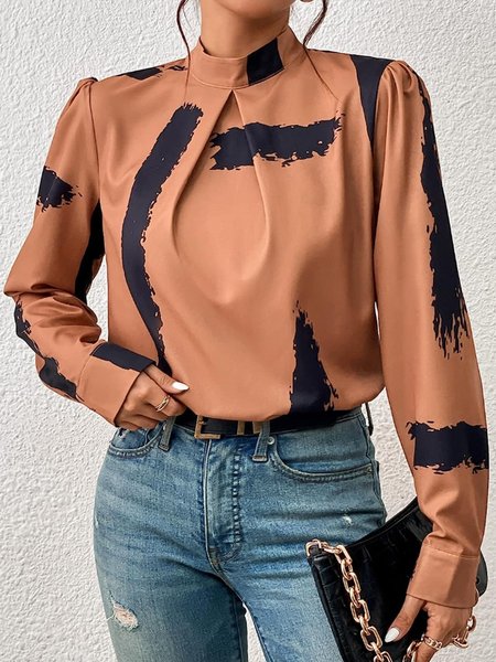 

Urban Abstract Stand Collar Long Sleeve Blouse, Brown, Blouses and Shirts
