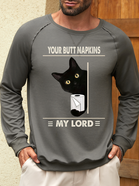 

Men's Cotton-Blend Crew Neck Cat Casual Sweatshirt, Gray, Hoodies&Sweatshirts
