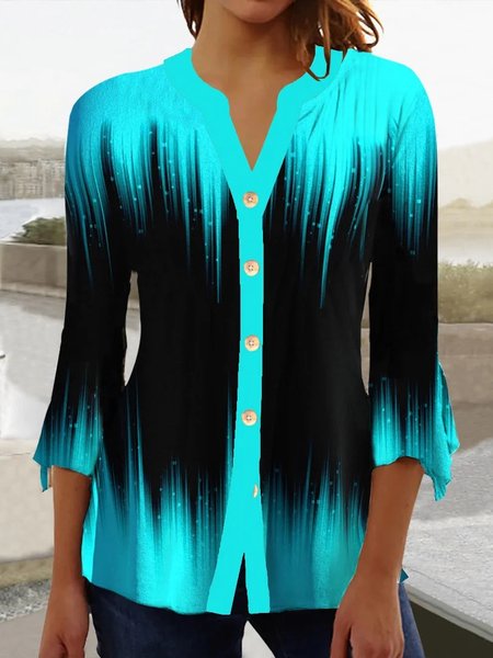 

Casual Gradient Pattern V Neck Blouse, Blue, Shirts & Blouses