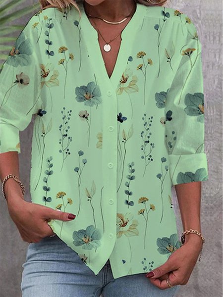 

V Neck Casual Floral Loose Buttoned Down Long Sleeve Blouse, Green, Blouses & Shirts