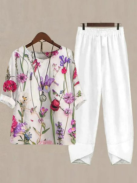 

Casual Floral Loose Two-Piece Set, White, Suit Set