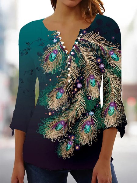 

V Neck Feather Pattern Casual Loose Shirt, Blue, Shirts & Blouses
