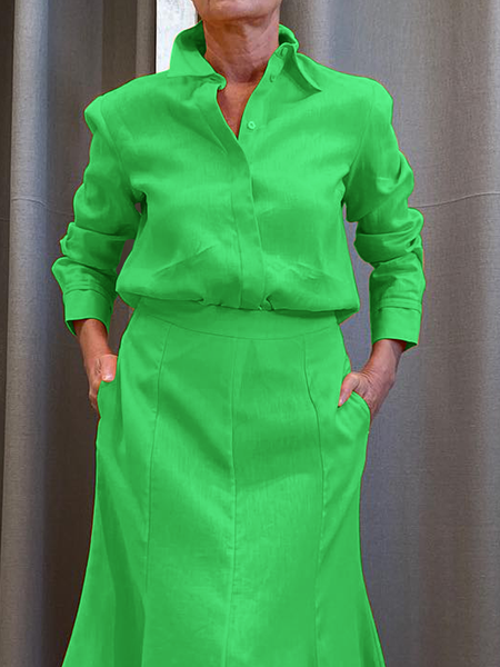 

Loose Shirt Collar Long Sleeve Urban Plain Blouse, Green, Blouses and Shirts