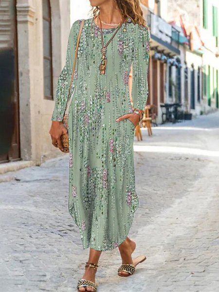 

Abstract Casual Long Sleeve Maxi Dress, Green, Dresses