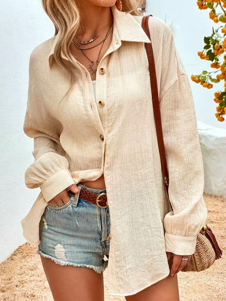 

Loose Cotton Casual Solid Drop Shoulder Button Front Shirt, Khaki, Shirts & Blouses
