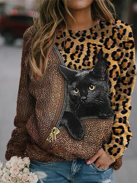 

Loose Leopard Casual Crew Neck Sweatshirt, Brown, Sweatshirts & Hoodies