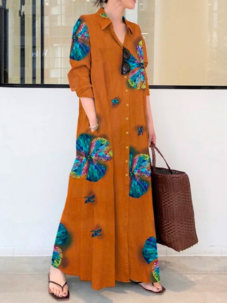 

Floral Casual Long Sleeve Loose Maxi Dress With No Belt, Yellow brown, Maxi Dresses